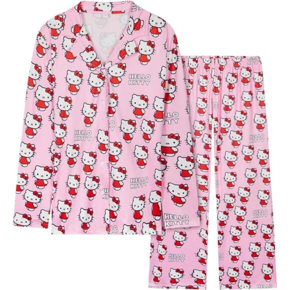 Hello Kitty Pajamas for Women Teens Long PJs Comfy Kawaii Button Down Lounge Set - Picture 1 of 6